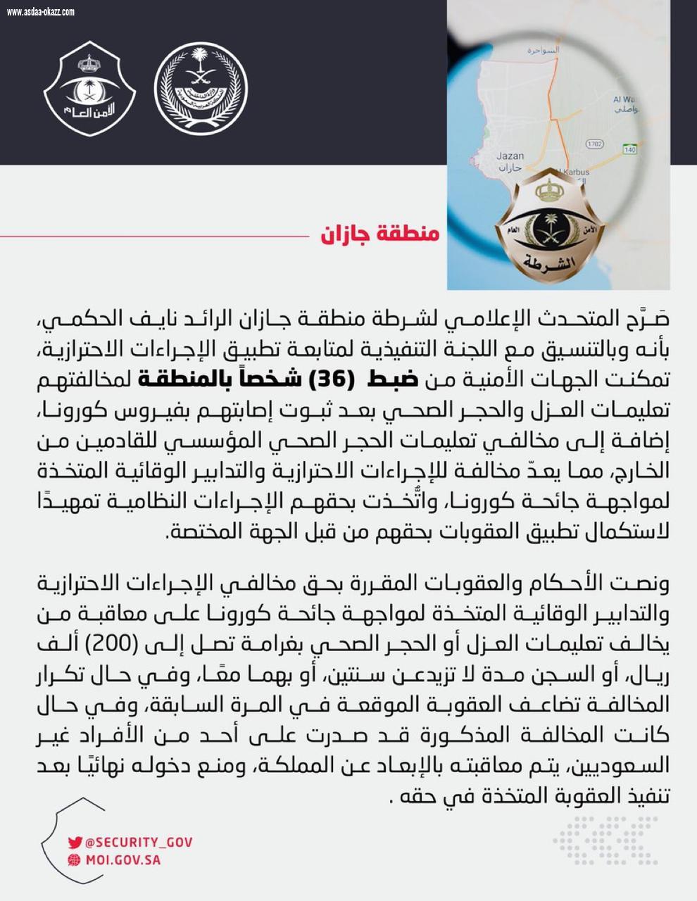 ضبط (36) شخصًا خالفوا تعليمات العزل والحجر الصحي بعد ثبوت إصابتهم بفيروس كورونا .. 