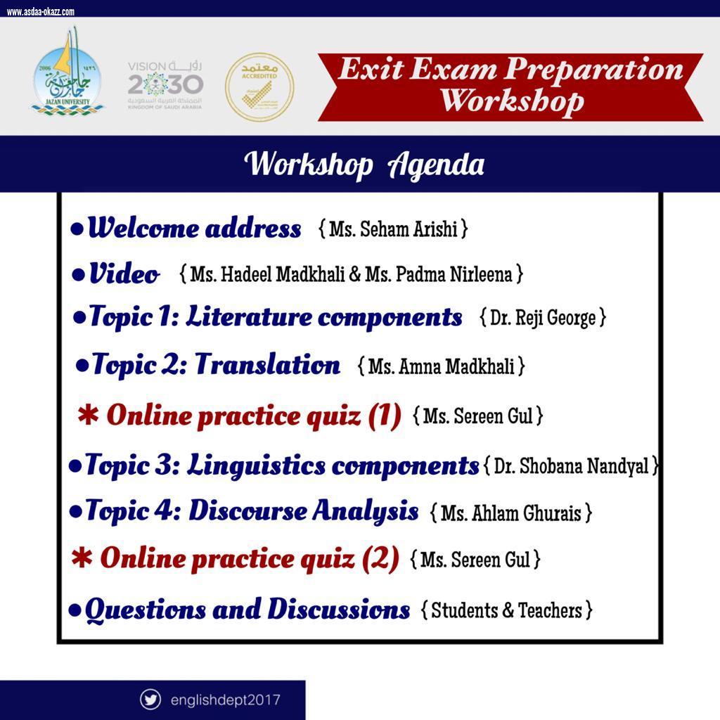 تخللها اختبارين تجريبيين بهدف تهيئة الطلاب والطالبات وتعريفهم على كيفية الأسئلة الكلية الجامعية بصامطة تنظم ورشة عمل استعداداً للاختبار المعياري عبر منصة zoom