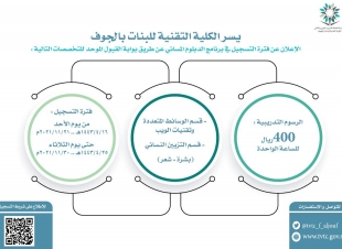 الكلية التقنية للبنات بالجوف تعلن عن مواعيد القبول للالتحاق ببرنامج الدبلوم المسائي 